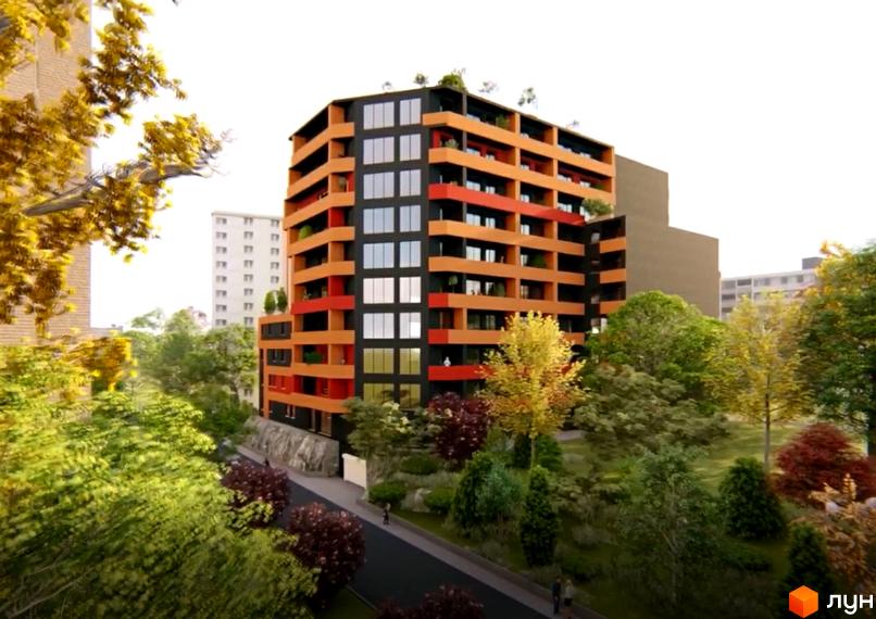 Житловий комплекс Сад на Круглій – багатоповерхова новобудова з оранжевими та червоними фасадами та панорамними вікнами, оточена зеленими деревами та доглянутою прибудинковою територією.