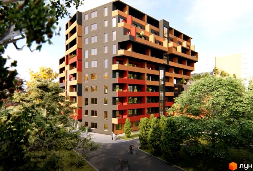 Багатоповерховий будинок ЖК Сад на Круглій з фасадом в сіро-коричневих тонах, з балконами та озелененням на території. На передньому плані дерева та дорога.