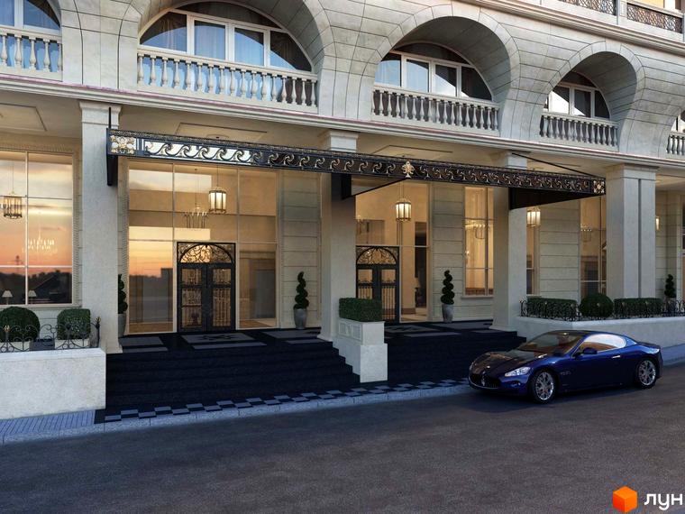 Фасад будівлі Renaissance Residence з великими вікнами та вхідною групою. Перед будинком розташована дорога та припаркований автомобіль.