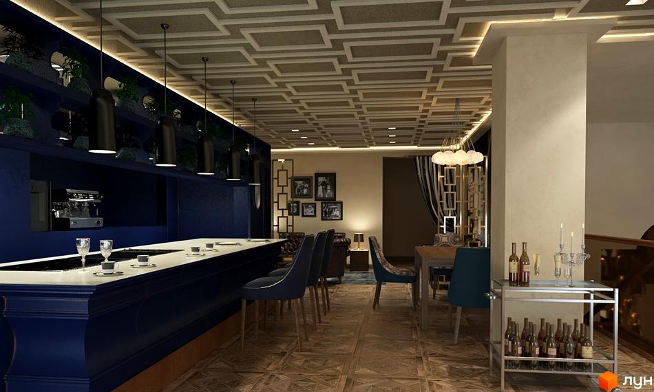 Інтер'єр бару в ЖК Renaissance Residence. Темні кольори, дерев'яна підлога та стеля з геометричним дизайном. Барна стійка з освітленням, столики та стільці створюють атмосферу затишку.