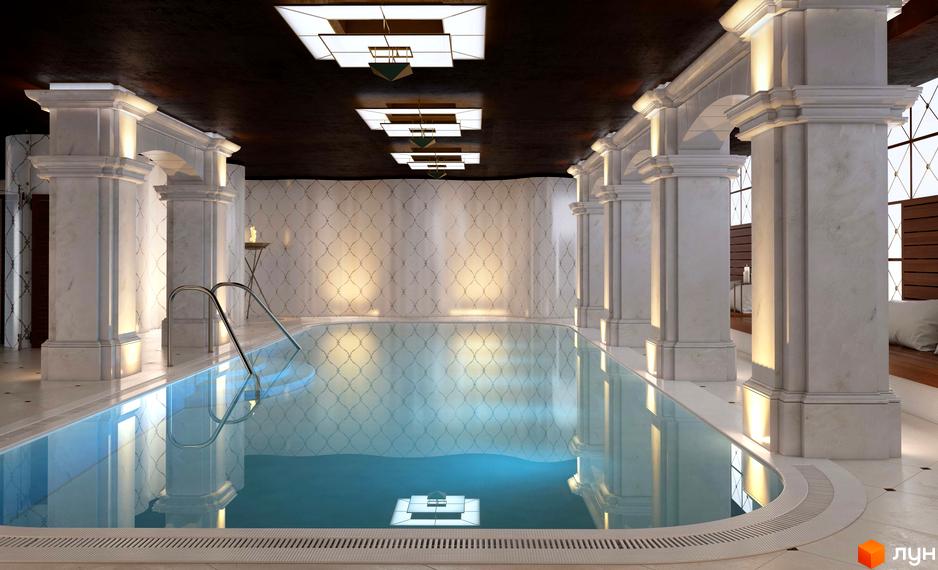 Інтер'єр басейну в ЖК Renaissance Residence. Просторий басейн з колонами та декоративним освітленням.