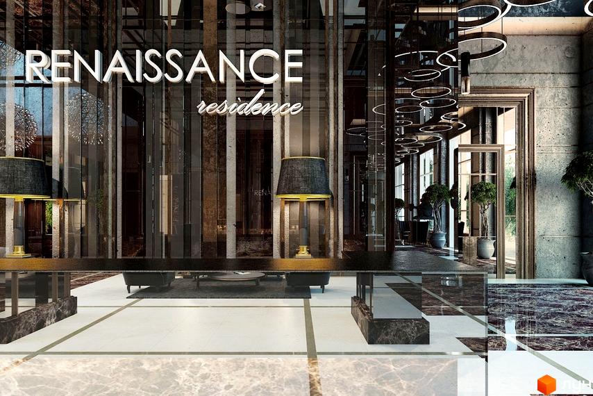 Розкішний вхід до ЖК Renaissance residence. Просторий хол з мармуровою підлогою, скляними панелями та елегантними світильниками.