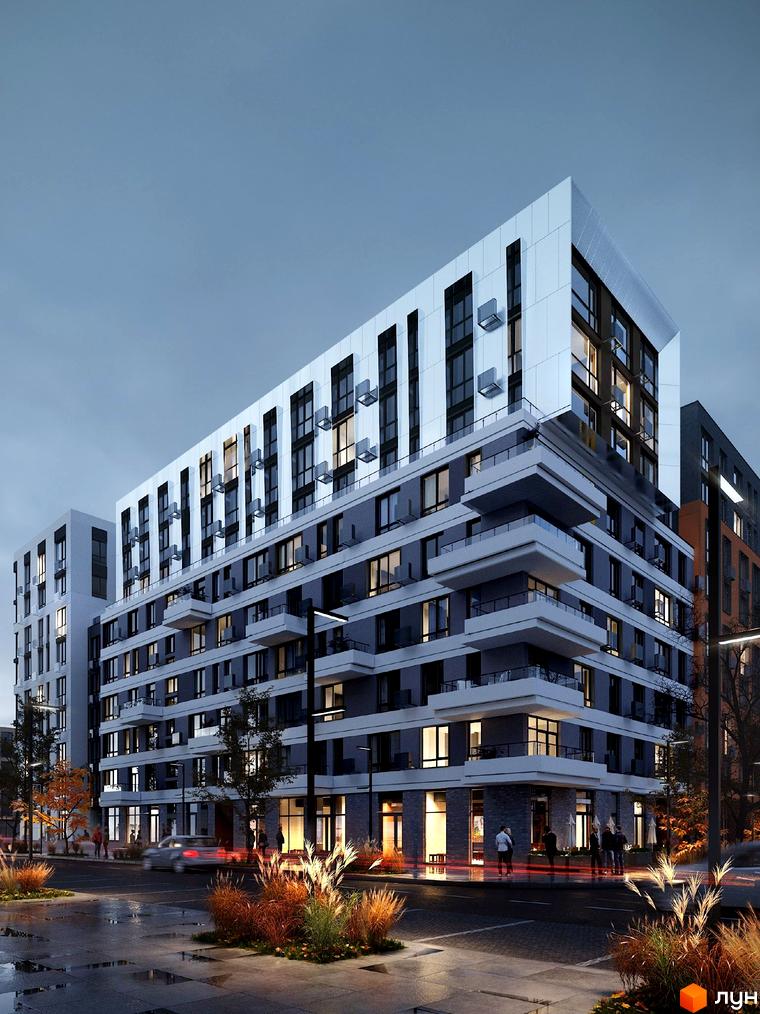 Житловий комплекс Файна Таун: багатоповерховий будинок з білим та темно-сірим фасадом, балконами та освітленими вікнами. Прибудинкова територія з вулицею та озелененням.