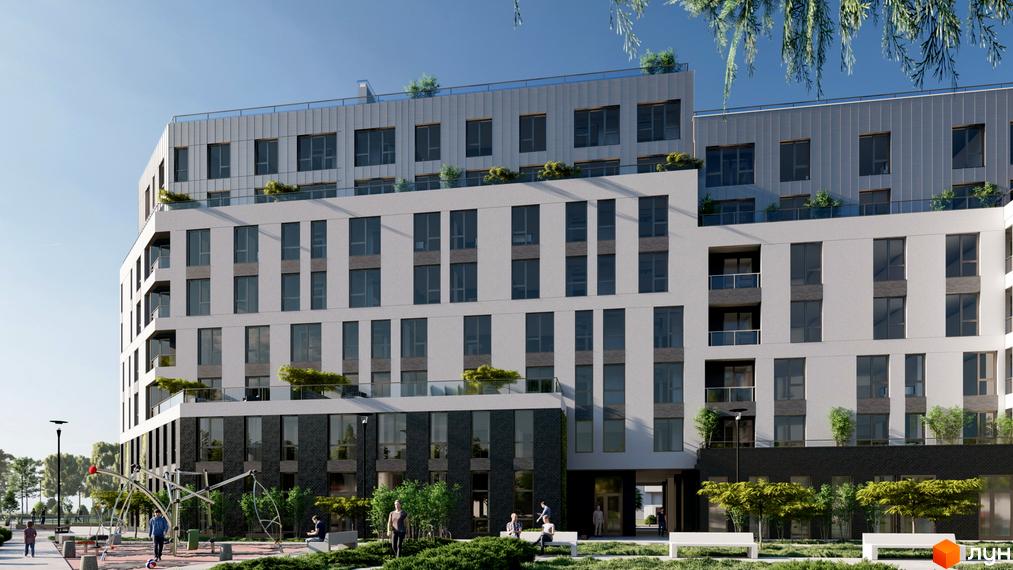 Новобудова ЖК Світанок з білою фасадною частиною та сірими елементами, з балконами та великими вікнами. На прибудинковій території дитячий майданчик та зелені насадження.