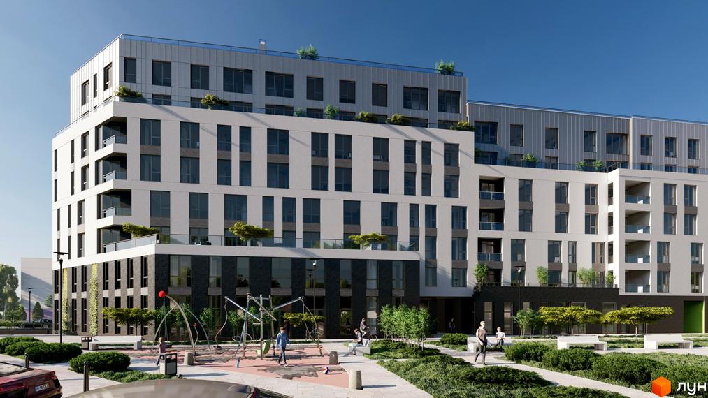 Будинок Житлового комплексу Світанок з білим та сірим фасадом, балконами. Прибудинкова територія має дитячий майданчик та зелені зони.