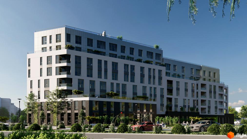 Новобудова Світанок: багатоповерховий будинок зі світлим фасадом та темною основою. Прибудинкова територія облаштована зеленими насадженнями та дорогами.