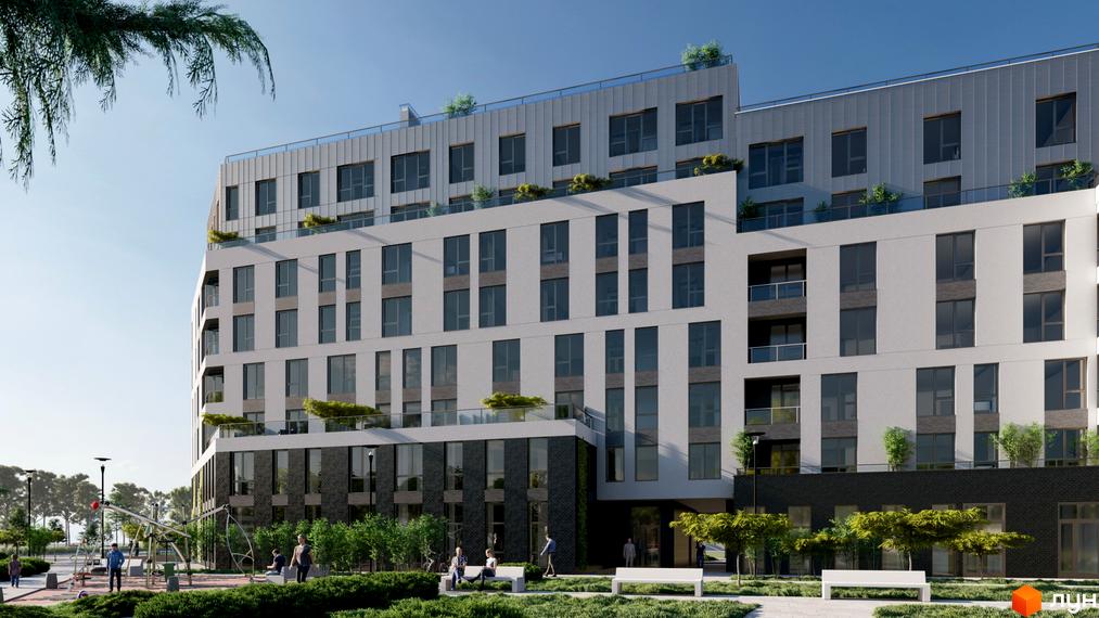 Фасад житлового комплексу Світанок з великою кількістю вікон та балконів, поруч дитячий майданчик та зелена зона.