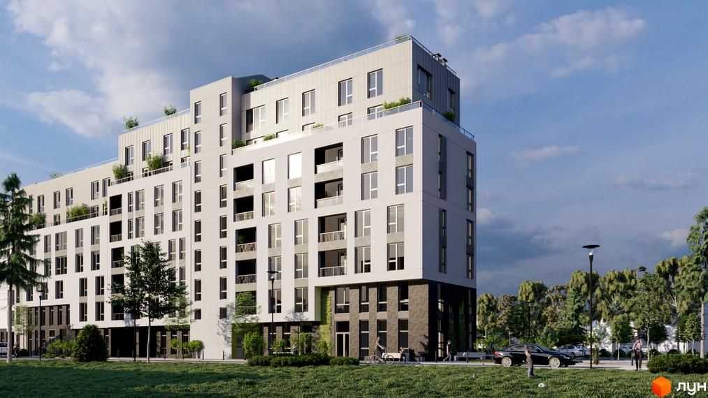 Житловий комплекс Світанок: багатоповерховий будинок зі світлим фасадом, темним цоколем та балконами. Навколо зелені газони, дерева та пішохідні доріжки.