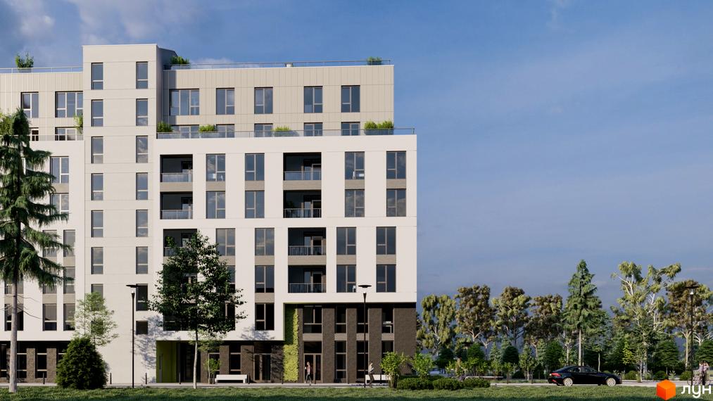 Житловий комплекс Світанок: багатоповерховий будинок світлого кольору з великими вікнами та балконами. Прибудинкова територія озеленена деревами, газоном та пішохідними доріжками.