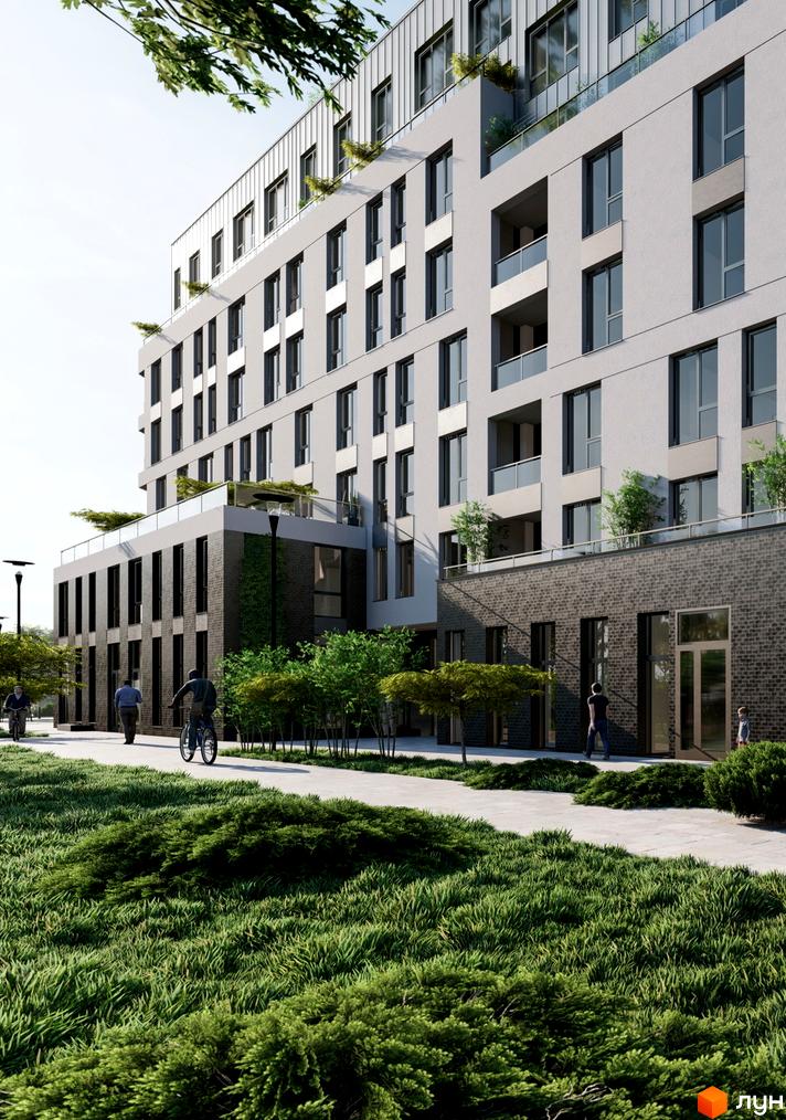 Житловий комплекс Світанок: багатоповерховий будинок зі світлими фасадами, темними вікнами та озелененими терасами. Навколо облаштована територія з доріжками, газонами та деревами.