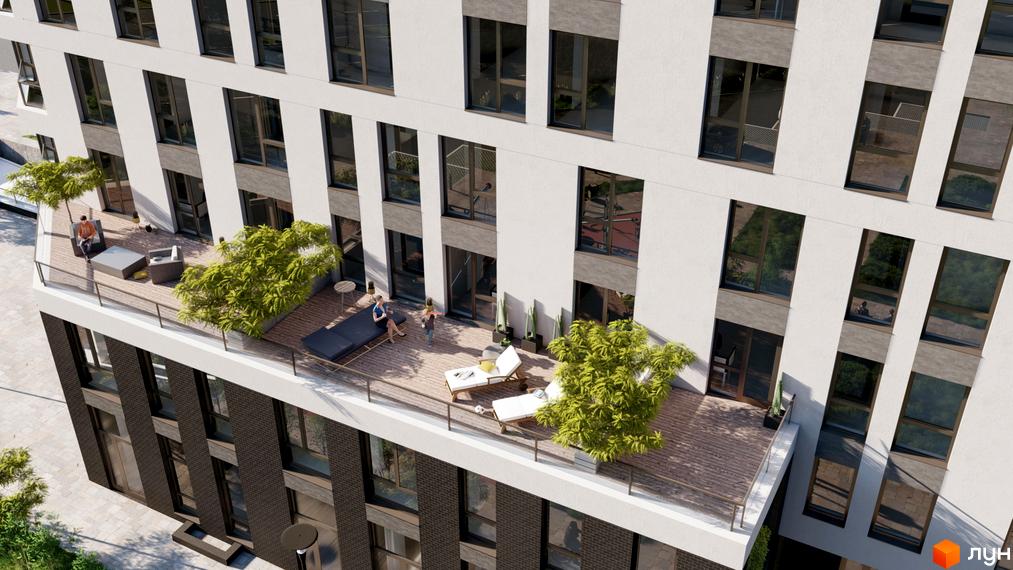 Житловий комплекс Світанок: багатоповерховий будинок з білим та темним фасадом, простора тераса на даху з меблями та рослинами.