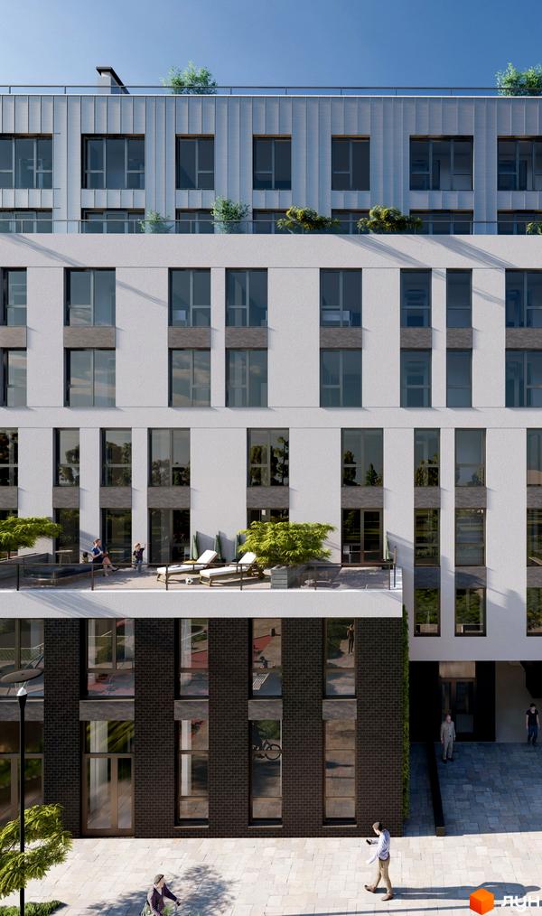 Житловий комплекс Світанок: багатоповерховий будинок з білим, сірим та цегляним фасадом. На терасах є зелень, територія вимощена плиткою.