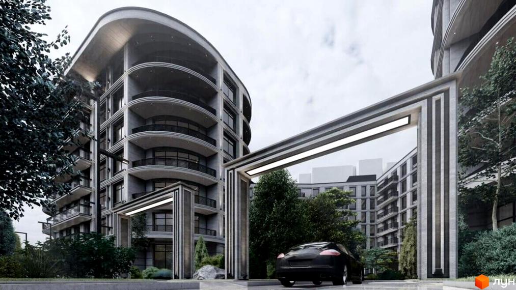 Багатоповерховий житловий комплекс Лідерсівський з вигнутими фасадами та балконами. Перед будинком арка з підсвічуванням, зелені насадження та автомобіль на в'їзді.