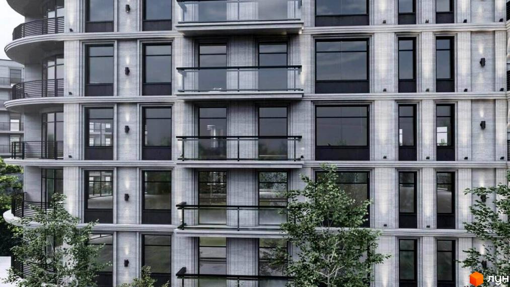 Фасад Житлового комплексу Лідерсівський з сірими панелями, великими вікнами та балконами. Навколо будівлі ростуть зелені дерева.