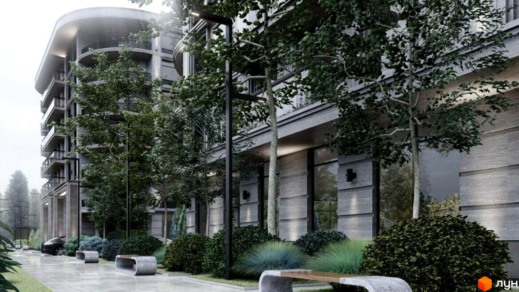 Комплекс Лідерсівський: багатоповерховий будинок з балконами та вигнутим дахом, прибудинкова територія з деревами, кущами та лавками.