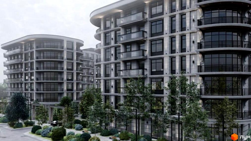 Багатоповерхові будинки Житлового комплексу Лідерсівський з округлими фасадами, великими вікнами та балконами. Прилегла територія озеленена деревами та кущами, є пішохідні доріжки.