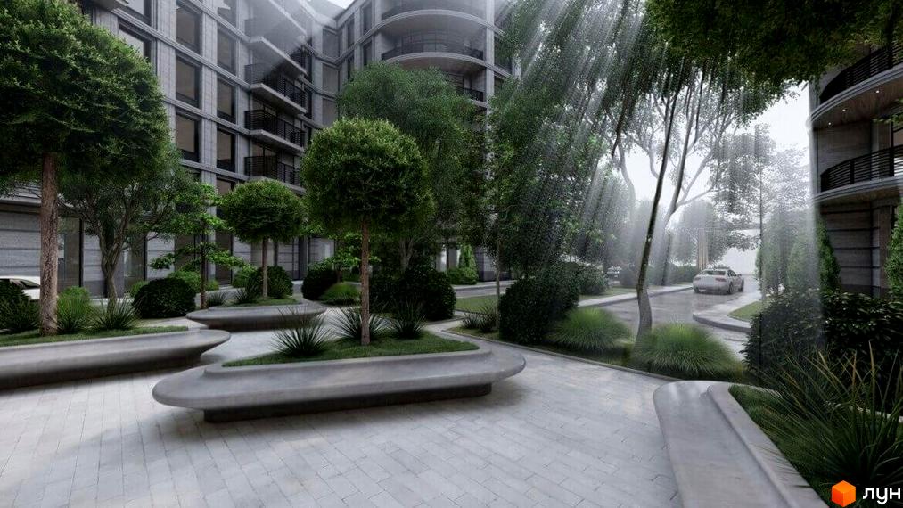 Житловий комплекс Лідерсівський: фасад будівлі з балконами та прибудинкова територія з ландшафтним дизайном та місцями для відпочинку.