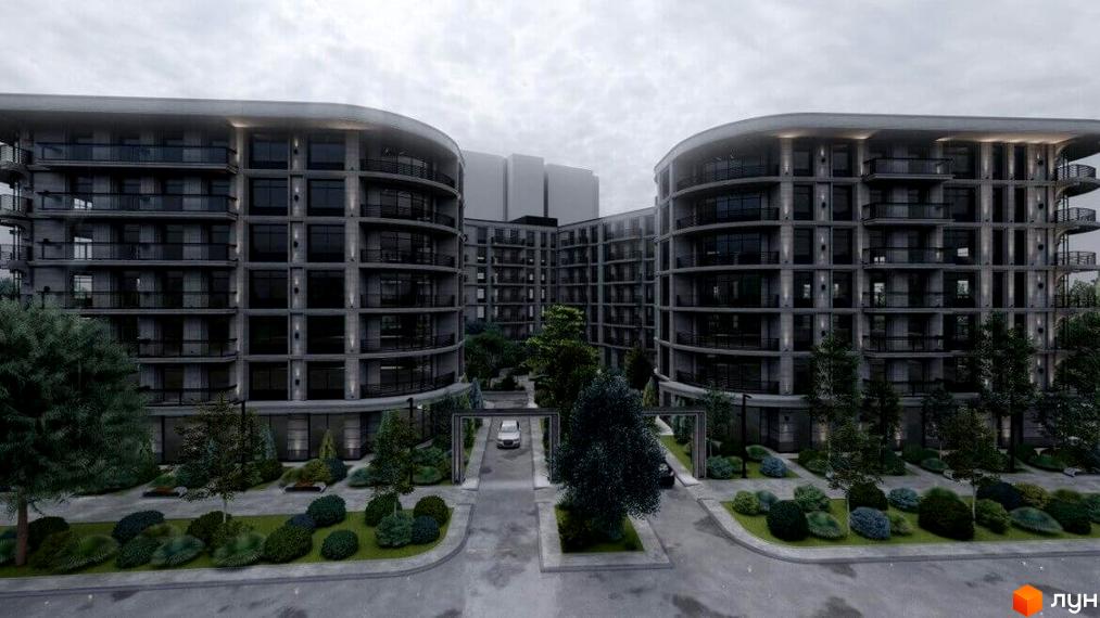 Житловий комплекс Лідерсівський: вигнуті багатоповерхові будинки з балконами та великими вікнами. Прибудинкова територія озеленена деревами та кущами.