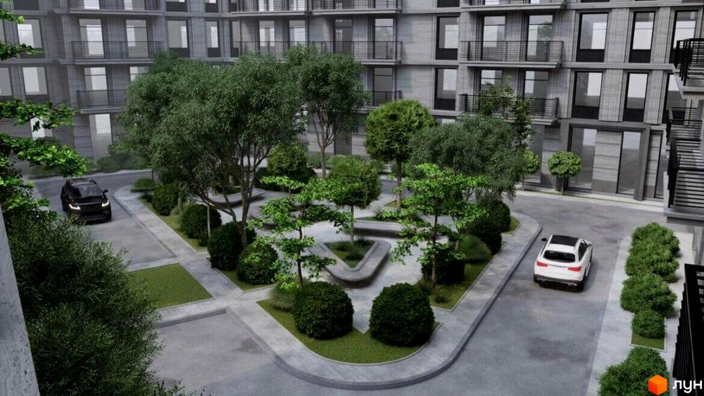 Новобудова Лідерсівський: багатоповерховий будинок з сірим фасадом та озелененим внутрішнім двором з деревами.