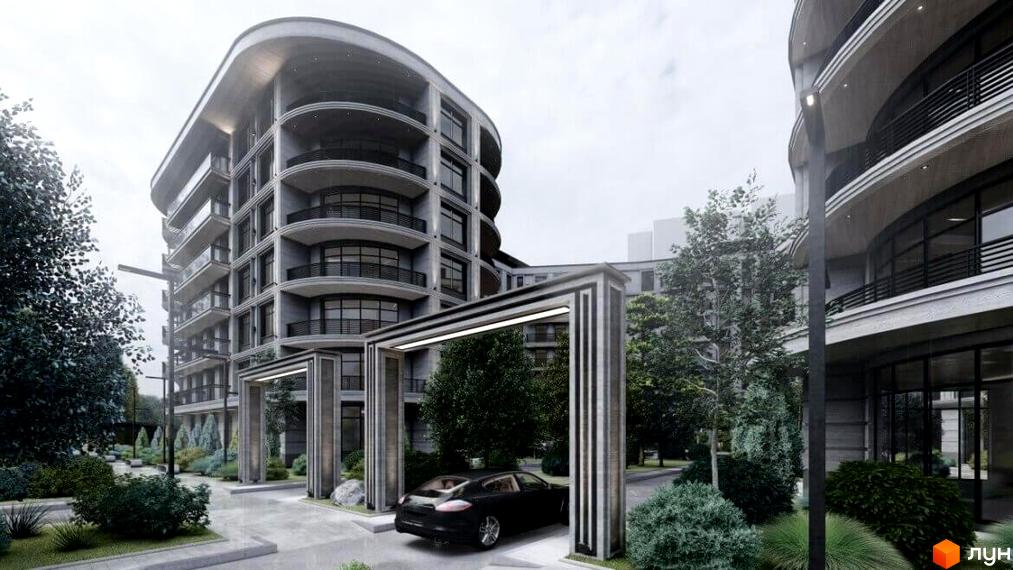 Багатоповерховий будинок Житлового комплексу Лідерсівський з округлим фасадом та балконами. Прибудинкова територія озеленена деревами, кущами та має проїзд з аркою.