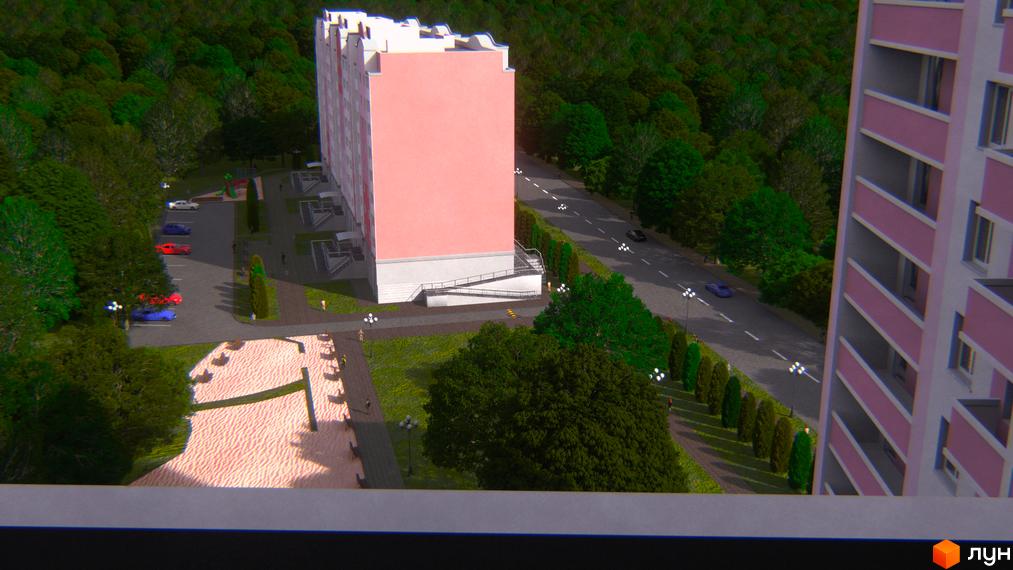 Житловий комплекс Світанок з рожевим фасадом та зеленою прибудинковою територією з деревами та дорогою.