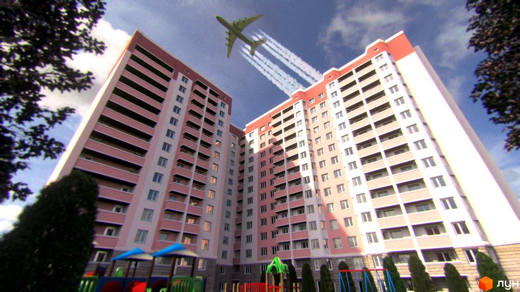 Житловий комплекс Світанок - це висотні будинки з рожевими фасадами та балконами. На прибудинковій території розташовані дитячі майданчики.