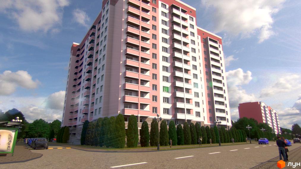 Житловий комплекс Світанок - багатоповерховий будинок з рожевими та білими фасадами, балконами та зеленою зоною навколо.