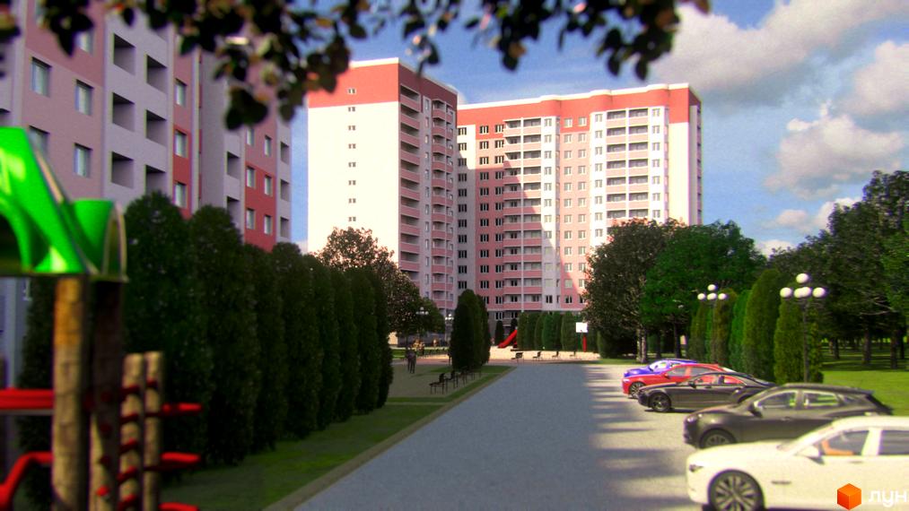 Зовнішній вигляд житлового комплексу Світанок з рожевими та білими фасадами та прибудинковою територією з деревами та дитячим майданчиком.