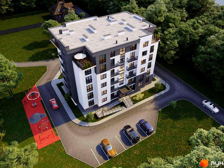 Клубний будинок Waldhausen з біло-сірим фасадом, балконами та пласким дахом. Поруч парковка, дитячий майданчик та зелені насадження.