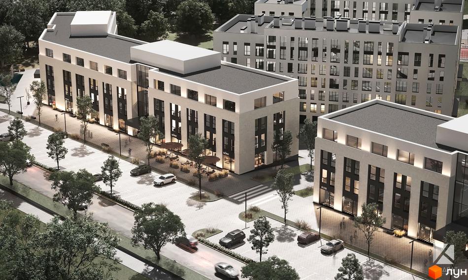 Зовнішній вигляд житлового комплексу Квадрат з фасадами з цегли та великими вікнами. Навколо комплексу розташовані зелені насадження та парковка з автомобілями.