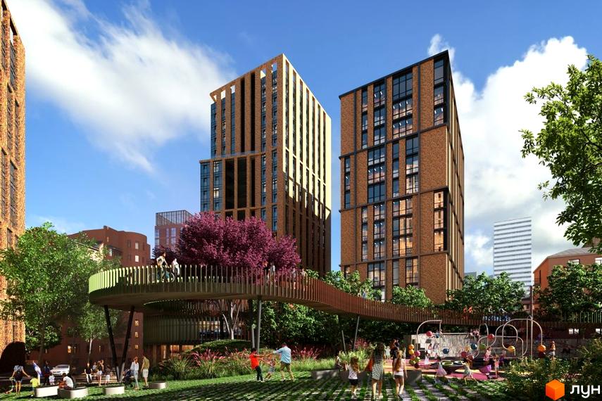 Комплекс Ermolaev Center: високі цегляні будинки з великими вікнами та зелена прибудинкова територія з пішохідним мостом і дитячим майданчиком.