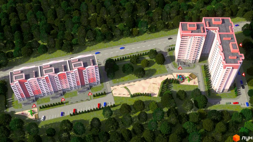 Житловий комплекс Світанок з рожевими фасадами та білими вікнами, дитячий майданчик та спортивна зона на прибудинковій території.