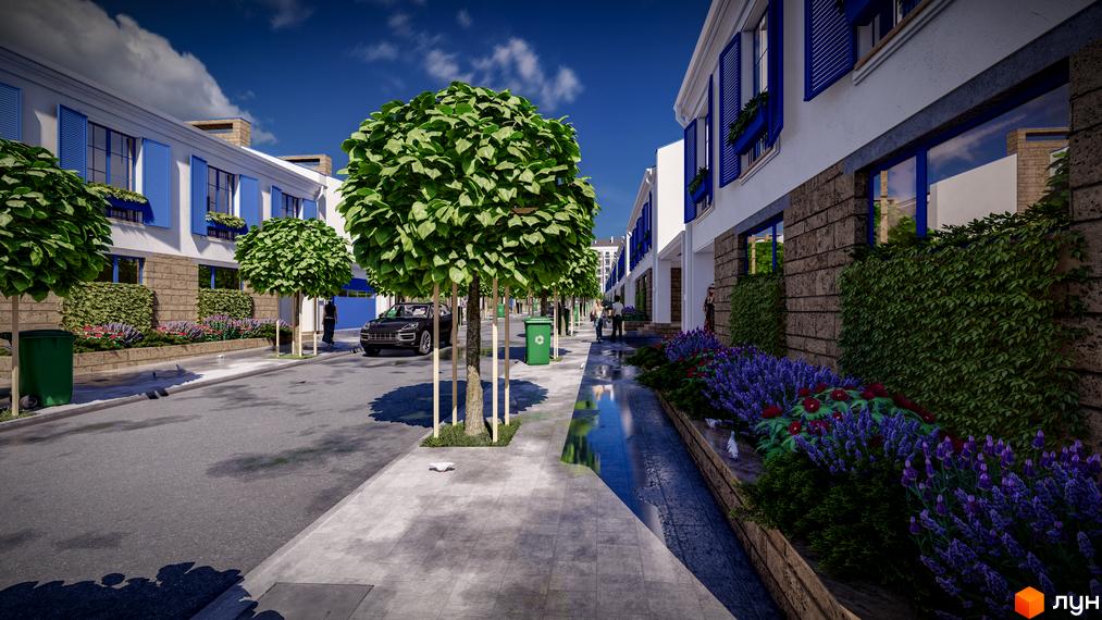 Зображення таунхаусів у Житловому районі Club City з синіми віконницями та озелененою прибудинковою територією.