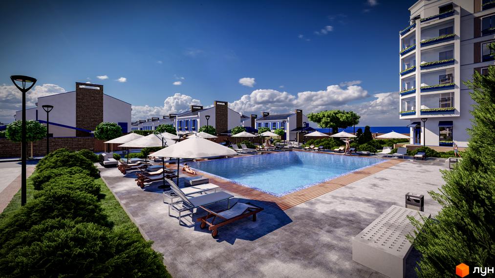 Зображення басейну та таунхаусів Club City. Навколо басейну розташовані шезлонги та парасольки, поруч озеленена територія.