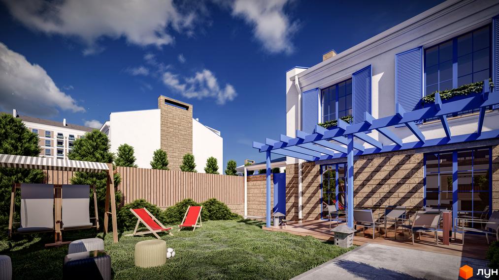 Зображення таунхаусів Club City з прибудинковою територією. На подвір'ї розташовані гойдалки, лежаки та вуличні меблі.