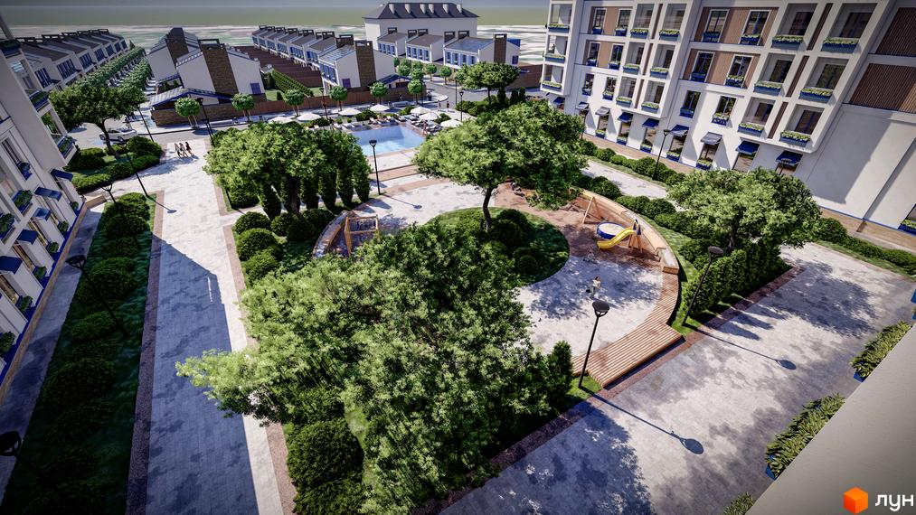 Вигляд на Житловий комплекс Club City з великою прибудинковою територією, де є басейн, дитячий майданчик та багато зелені.