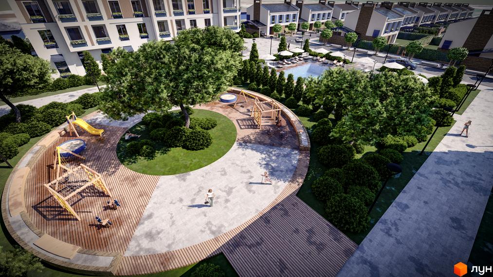 Вид зверху на Житловий комплекс Club City з дитячим майданчиком, деревами та басейном. На задньому плані видно будинки.