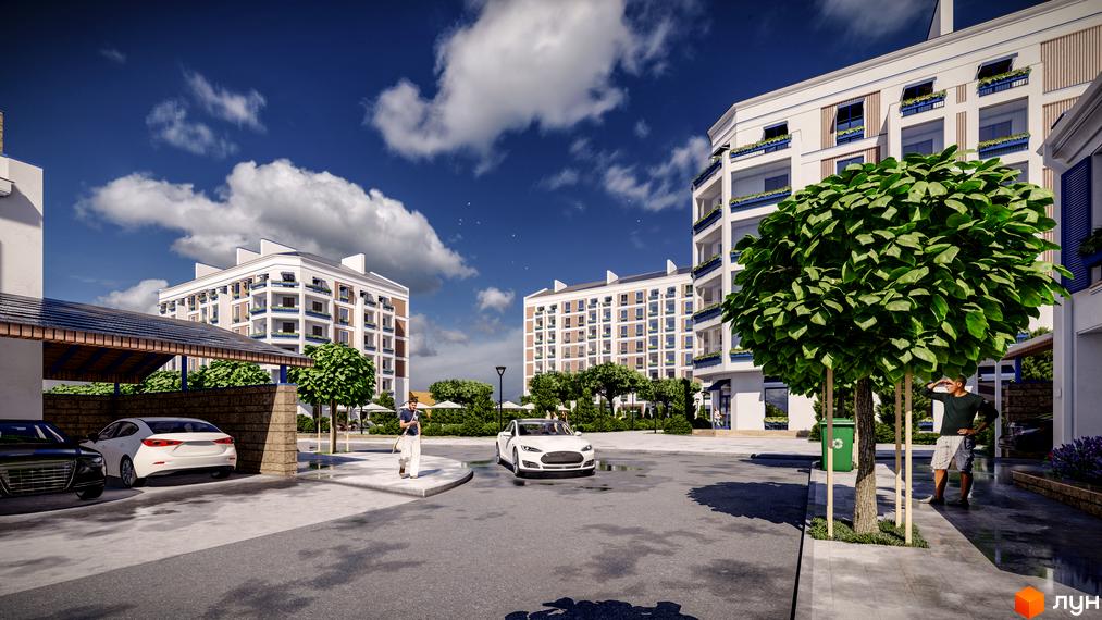 Зображення фасаду та прибудинкової території Житлового комплексу Club City. На передньому плані дорога та зелені насадження.