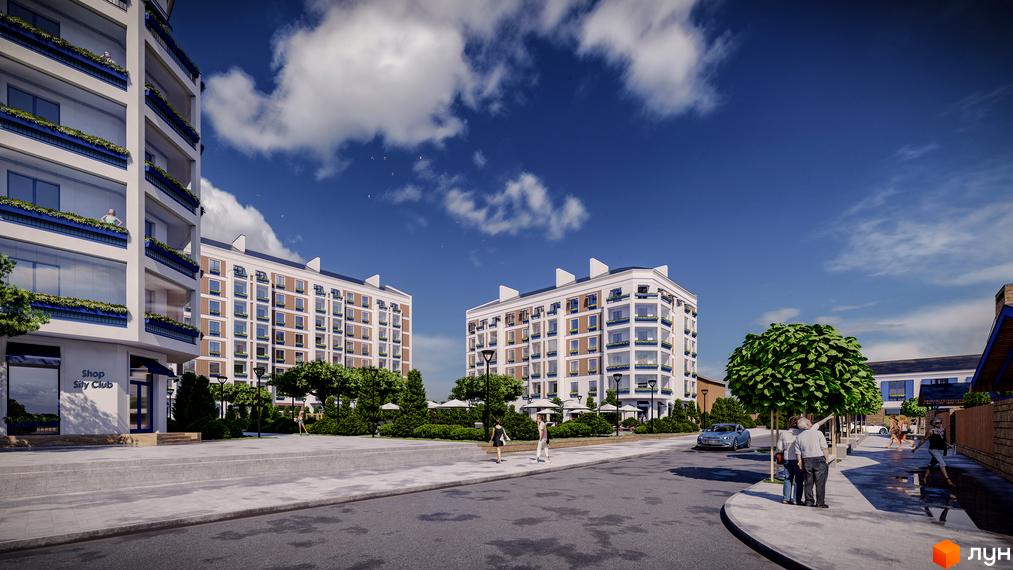 Зображення фасаду та прибудинкової території Житлового комплексу Club City. На фото видно багатоповерхові будинки та пішохідну зону.