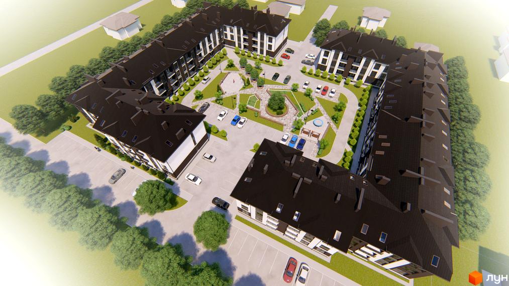 Житловий комплекс Family Residence з чорним дахом та білими фасадами, оточений деревами та з внутрішнім двориком з дитячим майданчиком.