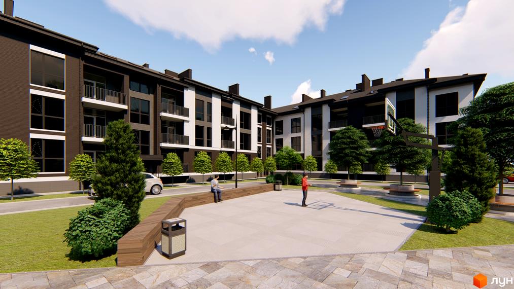 Зовнішній вигляд житлового комплексу Family Residence з сучасним дизайном фасадів та прибудинковою територією з баскетбольним майданчиком та зонами відпочинку.