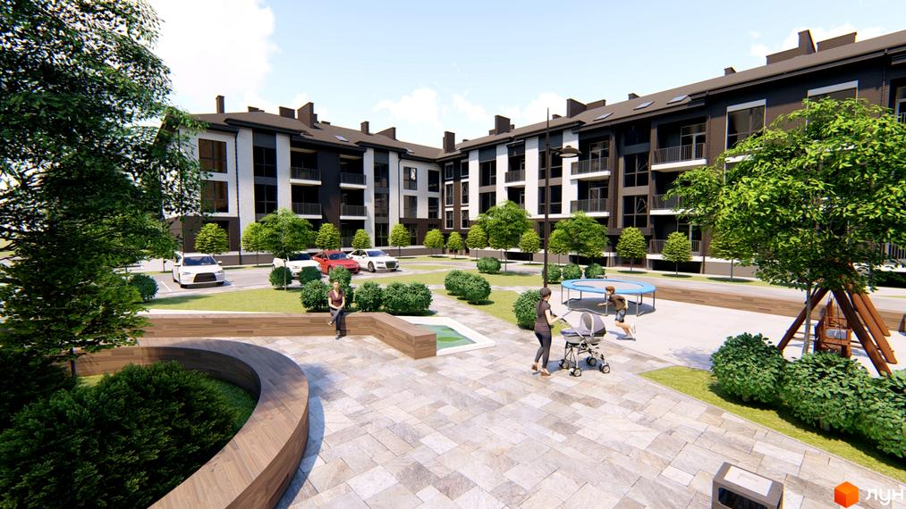 Житловий комплекс Family Residence з сірими та білими фасадами, балконами та прибудинковою територією з дитячим майданчиком та зеленими зонами.