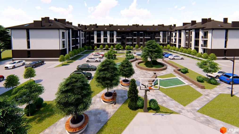 Житловий комплекс Family Residence з багатоповерховими будинками та темними дахами. Прибудинкова територія має парковки, зелені зони, пішохідні доріжки та спортивний майданчик.