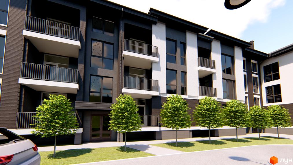 Фасад житлового комплексу Family Residence з балконами та великими вікнами. Навколо будинку висаджені дерева та облаштована прибудинкова територія.