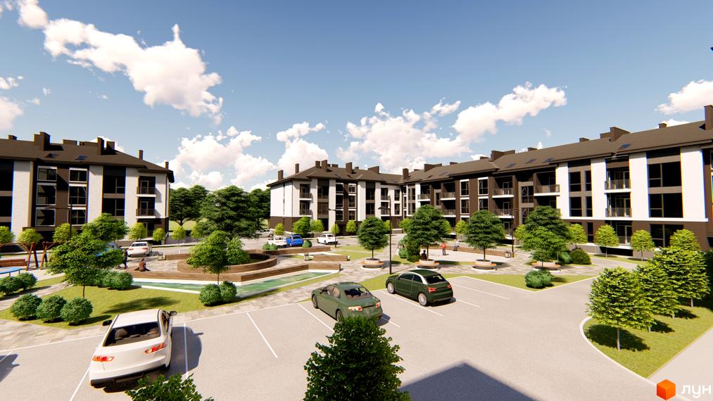 Житловий комплекс Family Residence з фасадами біло-темно-коричневого кольору та балконами. На прибудинковій території розташовані дерева, кущі та паркувальні місця.