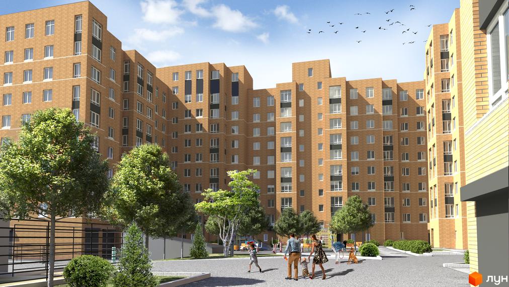Житловий комплекс Suncity: цегляні багатоповерхові будинки з великою кількістю вікон та зеленою прибудинковою територією з дитячим майданчиком.