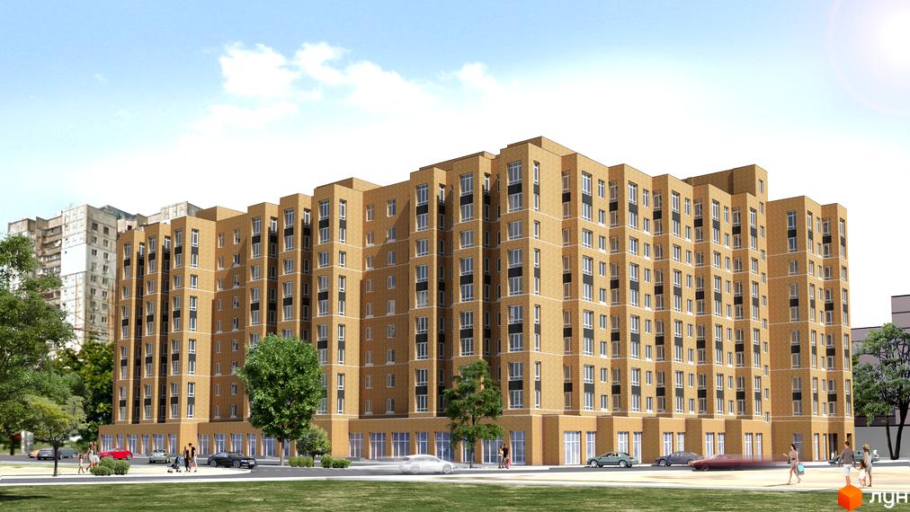 Житловий комплекс Suncity – цегляна багатоповерхова новобудова з великою кількістю вікон. Навколо комплексу розташовані дерева, зелена зона та проїжджа частина з автомобілями та людьми.