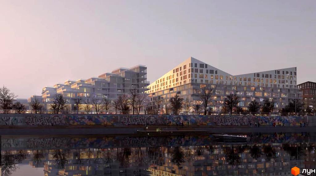 Житловий район Rybalsky: багатоповерхові будинки з терасами та гострими кутами на березі річки, з набережною та відображенням у воді.