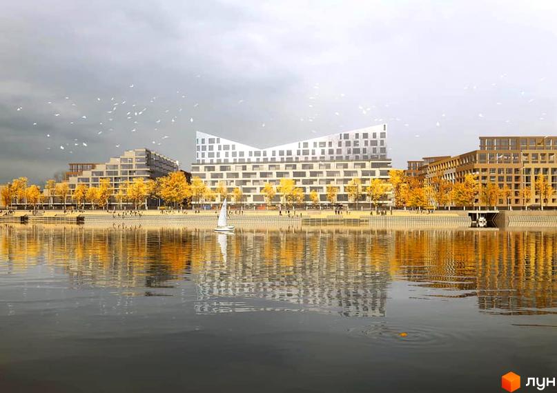 Житловий район Rybalsky з незвичайними фасадами та терасами, що виходять на річку. Набережна з деревами та човном на воді.