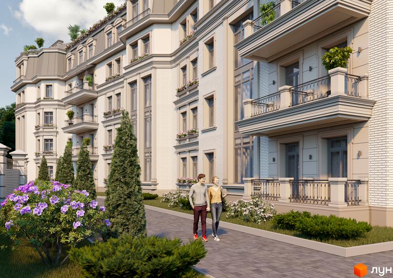 Зображення фасаду Клубного будинку „Консул“ з балконами та великими вікнами. На передньому плані квітучі кущі та доглянуті дерева.